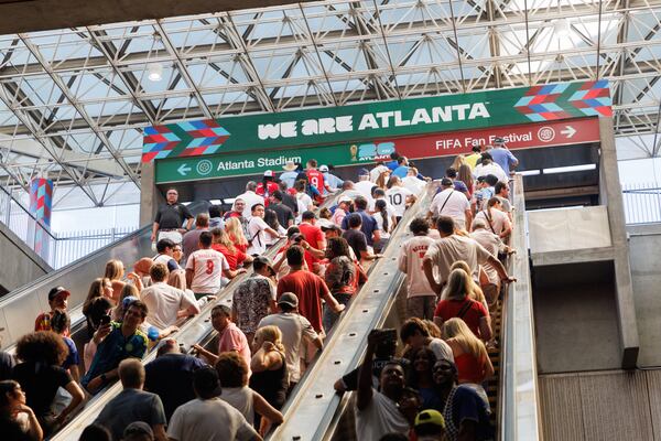 People exit the SEC Marta station in Atlanta ahead of the England vs. Congo World Cup game on Wednesday, July 1, 2026. (Estela Muñoz/AJC)