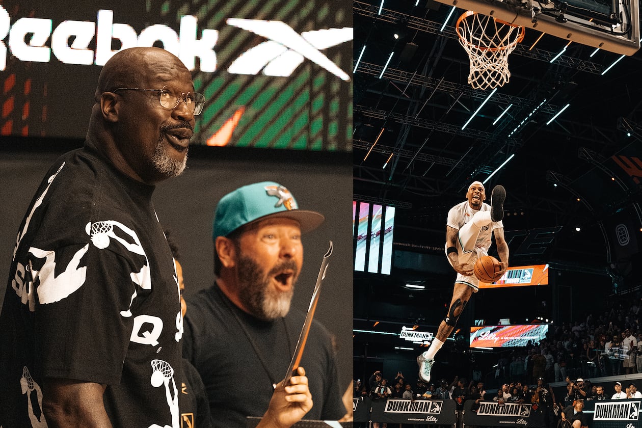TNT's "Dunkman" competition during its second episode that aired live July 28, 2026 featured creator Shaquille O'Neal (left) reacting to a dunk with guest Bert Kreischer. On the right is Marietta native Jordan Southerland, who made it past the opening round to make it the final eight airing Aug. 25, (Courtesy of Authentic Brands)