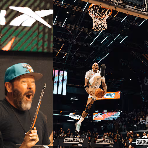 TNT's "Dunkman" competition during its second episode that aired live July 28, 2026 featured creator Shaquille O'Neal (left) reacting to a dunk with guest Bert Kreischer. On the right is Marietta native Jordan Southerland, who made it past the opening round to make it the final eight airing Aug. 25, (Courtesy of Authentic Brands)