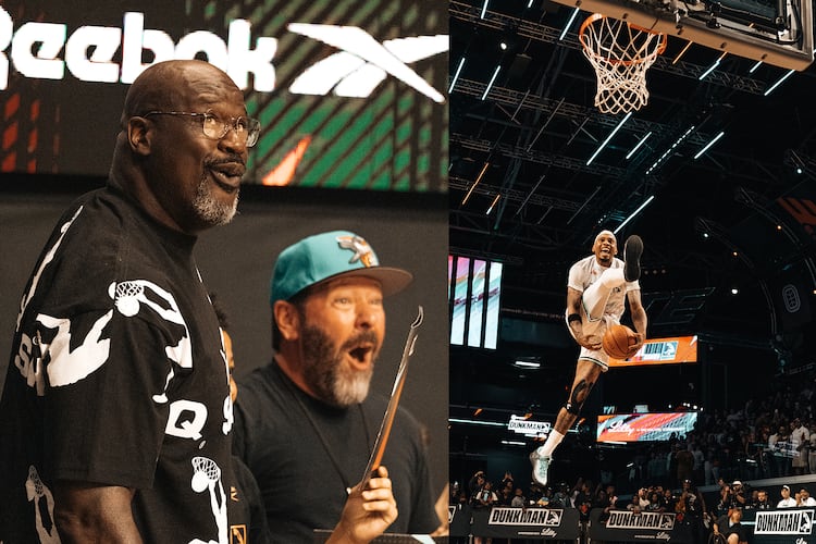 TNT's "Dunkman" competition during its second episode that aired live July 28, 2026 featured creator Shaquille O'Neal (left) reacting to a dunk with guest Bert Kreischer. On the right is Marietta native Jordan Southerland, who made it past the opening round to make it the final eight airing Aug. 25, (Courtesy of Authentic Brands)