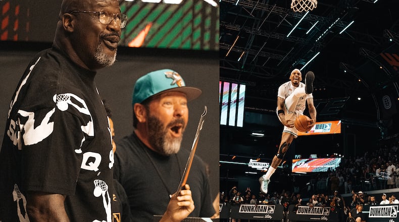 TNT's "Dunkman" competition during its second episode that aired live July 28, 2026 featured creator Shaquille O'Neal (left) reacting to a dunk with guest Bert Kreischer. On the right is Marietta native Jordan Southerland, who made it past the opening round to make it the final eight airing Aug. 25, (Courtesy of Authentic Brands)