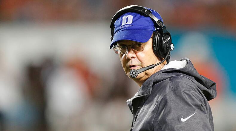 MIAMI GARDENS, FL - SEPTEMBER 27: Head coach David Cutcliffe of the Duke Blue Devils looks on during third quarter action against of the Miami Hurricanes on September 27, 2014 at Sun Life Stadium in Miami Gardens, Florida. Miami defeated Duke 22-10. (Photo by Joel Auerbach/Getty Images) Duke head coach David Cutcliffe. ( Joel Auerbach/Getty Images)