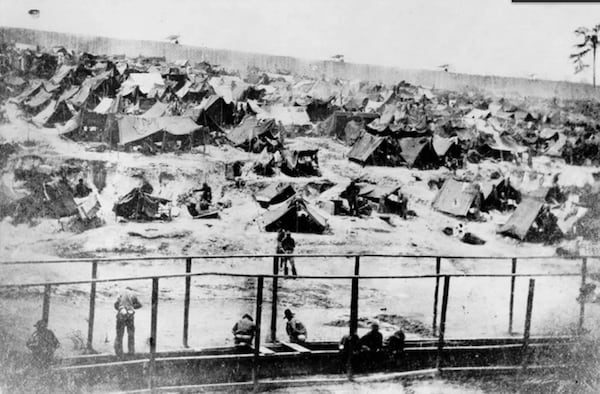 Andersonville Prison, which was officially called Camp Sumter, in 1864. Almost 13,000 of its prisoners died from malnutrition, diseases and other causes. (Courtesy National Park Service)