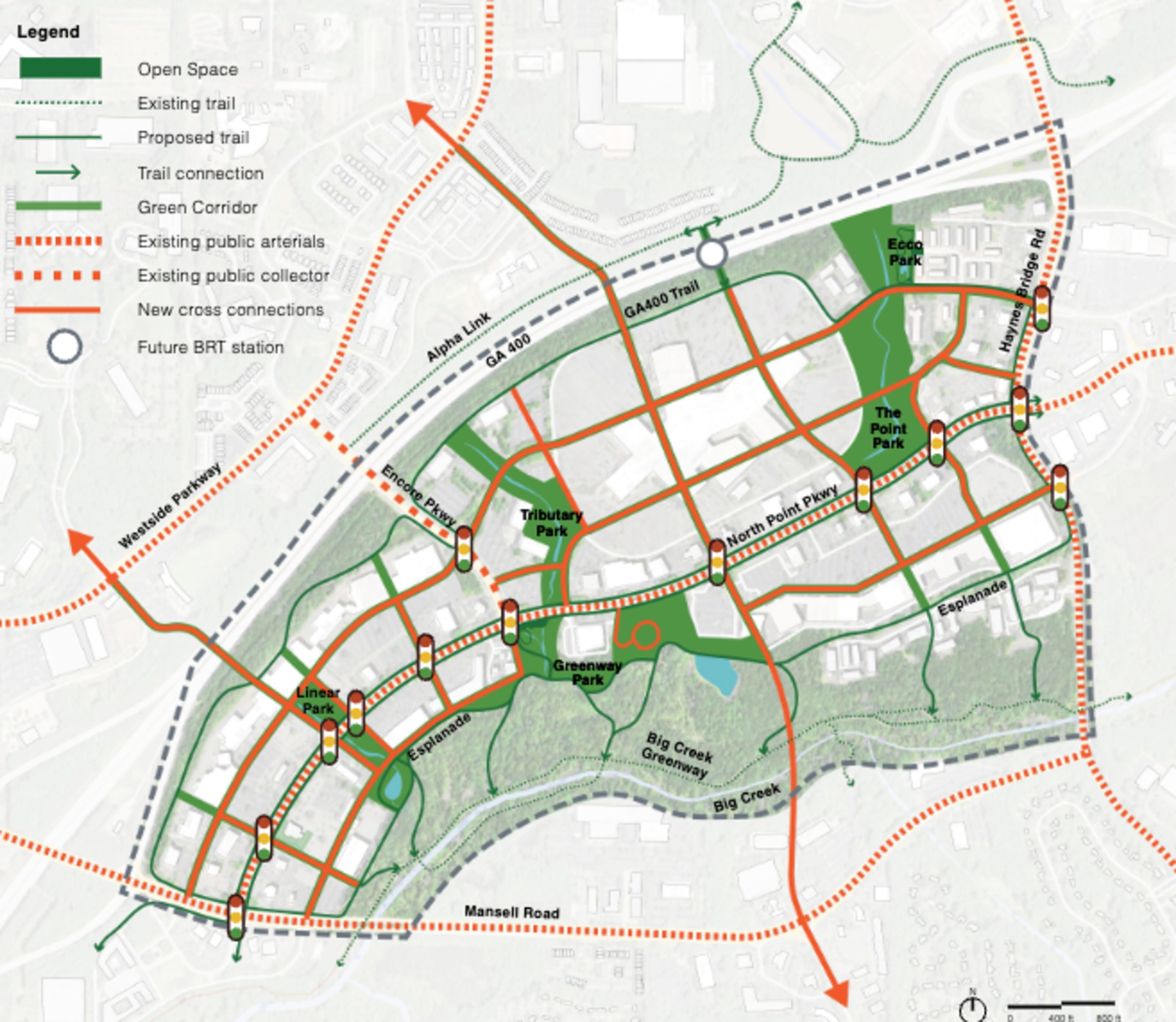 The North Point Development Framework Plan maps out a system of streets, trails and parks in the North Point area (City of Alpharetta).