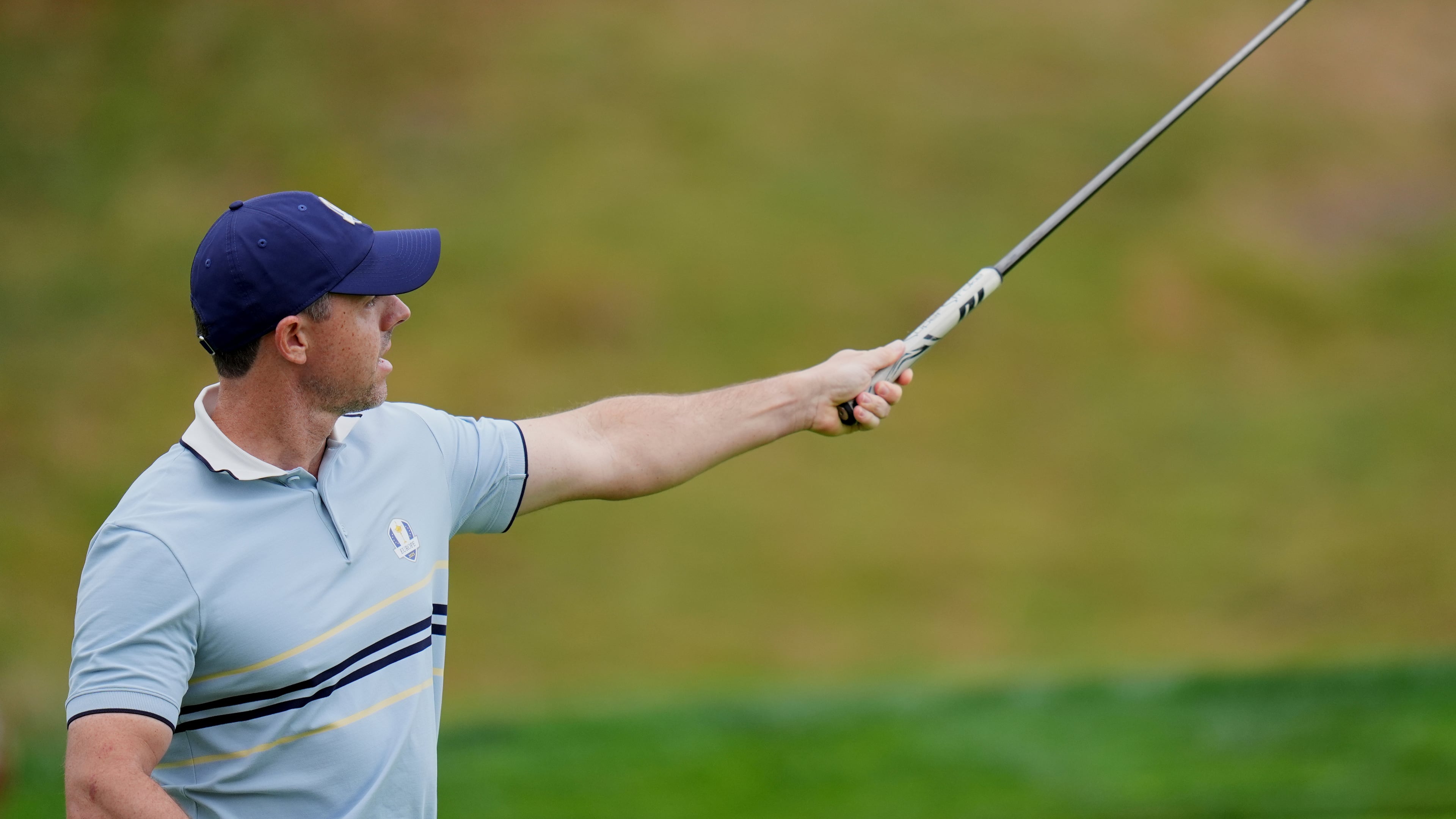 Europe's Rory McIlroy celebrates after a putt on the fifth hole at Bethpage Black golf course during the Ryder Cup golf tournament, Friday, Sept. 26, 2025, in Farmingdale, N.Y. (AP Photo/Seth Wenig)
