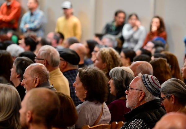 Attendees listen to speakers during a community vigil at the Boulder Jewish Community Center, Wednesday, June 4, 2025, in Boulder, Colo. (Andy Cross/The Denver Post via AP, Pool)