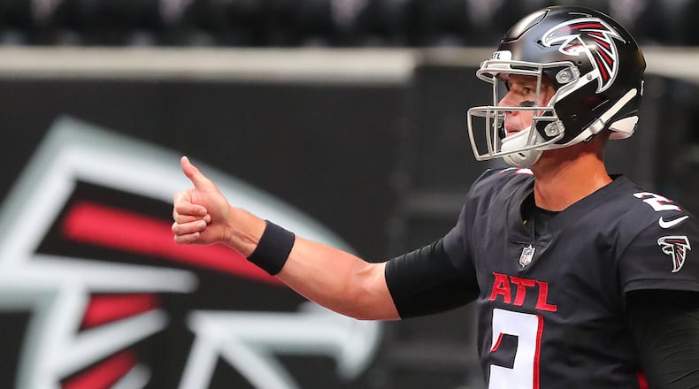 Falcons quarterback Matt Ryan gives the thumbs up as Atlanta prepared to play the Cleveland Browns in the final exhibition game of the preseason Sunday, Aug. 29, 2021, at Mercedes-Benz Stadium in Atlanta. (Curtis Compton / Curtis.Compton@ajc.com)