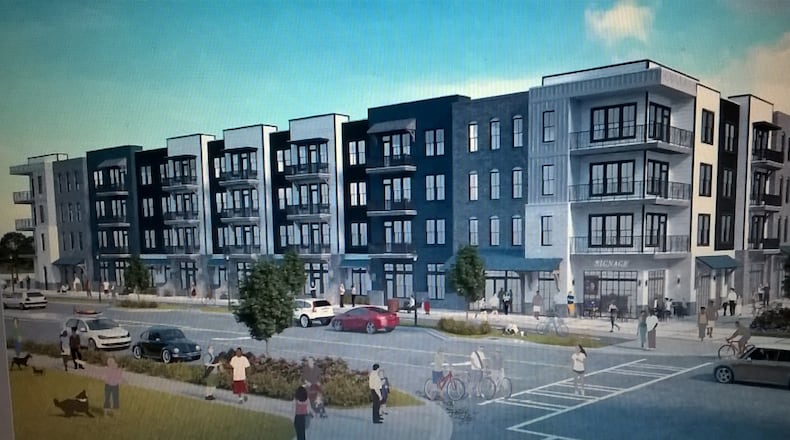 An artist’s rendering of Riverview Landing shows the appearance of the apartments that will total 580 in addition to 188 townhouses and 48 single-family houses along the Chattahoochee River. (Courtesy of Smyrna)