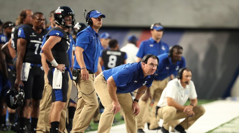 Georgia State Panthers head coach Shawn Elliott watches a field goal attempt in the first half against Tennessee State Tigers at Georgia State Stadium Thursday in Atlanta, Ga., August 31, 2017. PHOTO / JASON GETZ