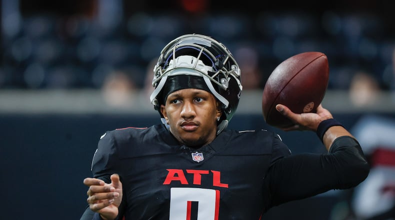 Falcons quarterback Michael Penix Jr. (9) attemps a pass during warm-ups before the Atlanta Falcons and Caroline Panthers Sunday, January 5, 2025, at Mercedes-Benz Stadium in Atlanta.
(Miguel Martinez/ AJC)