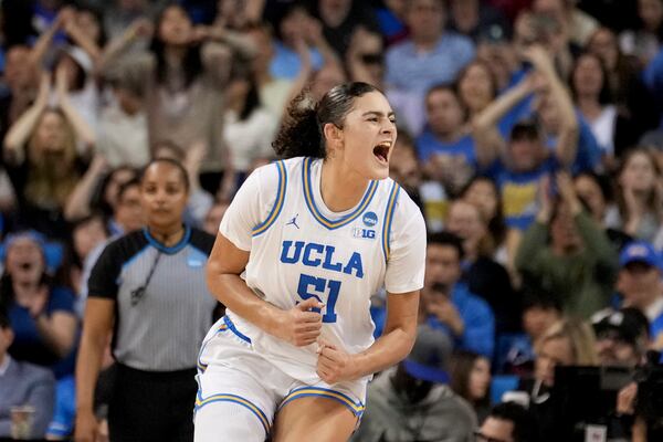 UCLA center Lauren Betts reacts during the second half of a game against Richmond in the second round of the NCAA college basketball tournament Sunday, March 23, 2025, in Los Angeles. (AP Photo/Eric Thayer)