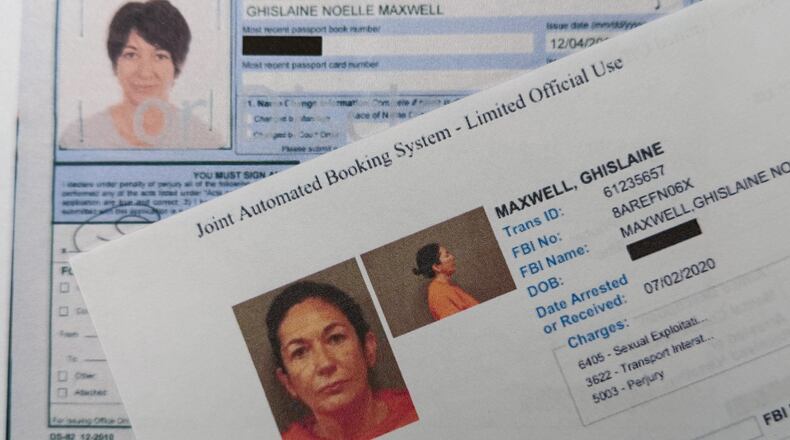 A document that was included in the U.S. Department of Justice release of the Jeffrey Epstein files, photographed Tuesday, Feb. 3, 2026, shows a U.S. passport renewal in 2012 and a federal booking system form from 2020 for Ghislaine Maxwell. (AP Photo/Jon Elswick)
