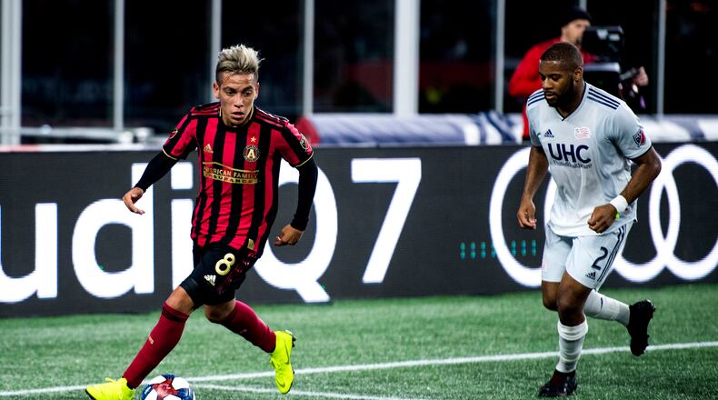 Atlanta United FC battles New England Revolution in a MLS regular season game at Gillette Stadium in Foxborough, Massachusetts on Saturday, April 13, 2019. Photo by Matthew Modoono/ATULT