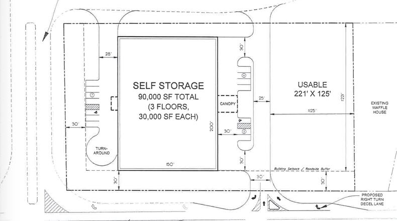 The proposed 95,000-square-foot 3-story self-storage building would face Green Street/Ga. 53 and Cherry Drive in Braselton. (Courtesy Town of Braselton)