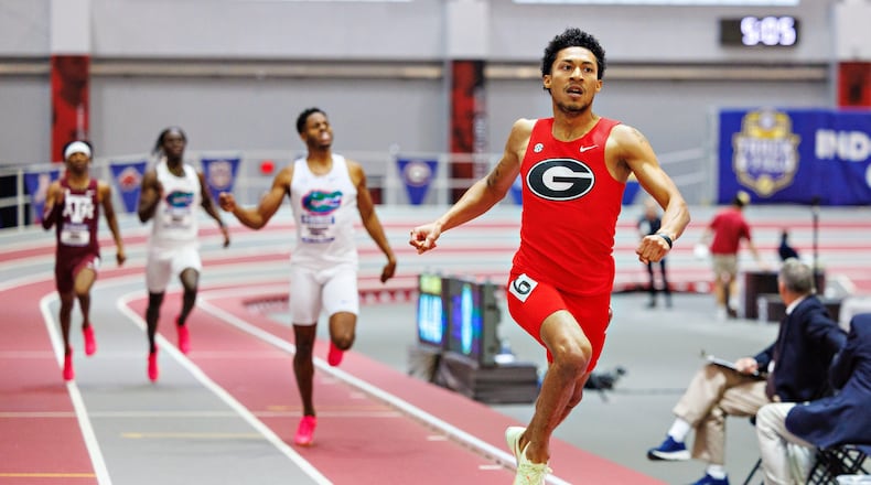 Christopher Morales Williams, a sophomore at the University of Georgia, clocked 44.49 seconds in the 400-meter run at the SEC Indoor Track and Field Championships on Saturday, Feb. 24, 2024, in Fayetteville, Ark. He won the SEC championship and set school, conference and collegiate records. (Photo by UGA Athletics)