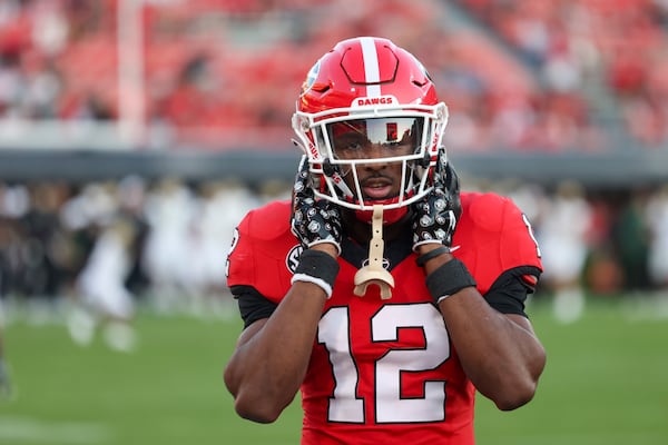 Georgia defensive back Julian Humphrey (12) prepares for their game against UAB at Sanford Stadium, Saturday, September 23, 2023, in Athens, Ga. (Jason Getz / Jason.Getz@ajc.com)