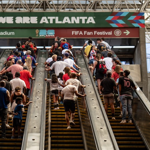 Inside the SEC District MARTA station as fans attend the first FIFA match held in Atlanta on Monday, June 15, 2026. (Ben Hendren for the AJC)