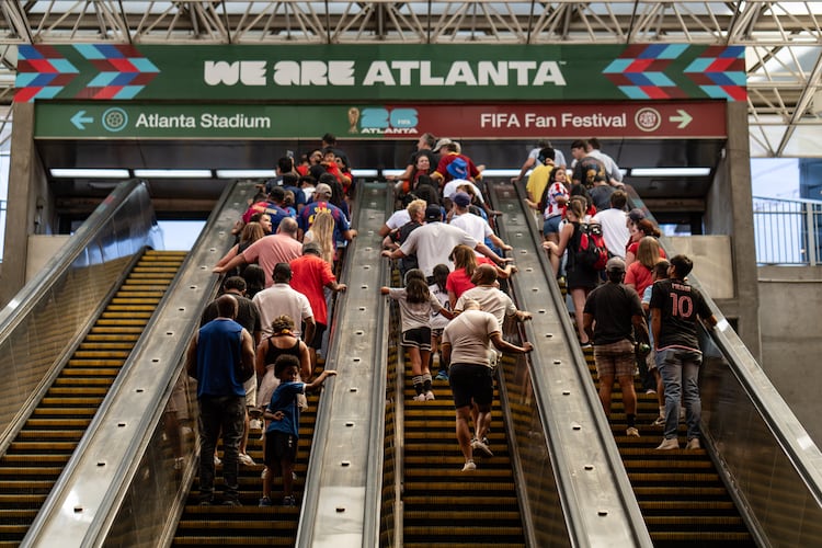 Inside the SEC District MARTA station as fans attend the first FIFA match held in Atlanta on Monday, June 15, 2026. (Ben Hendren for the AJC)