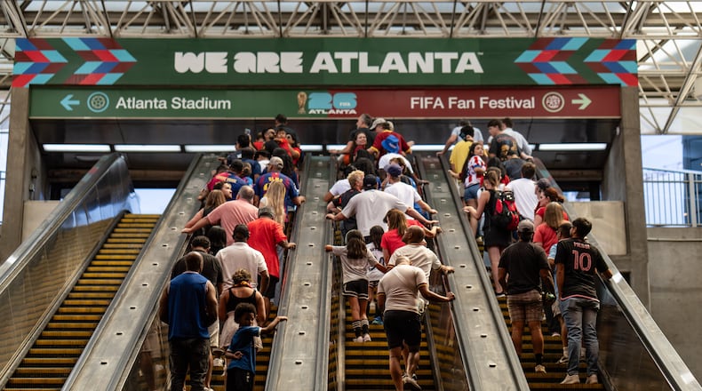 Inside the SEC District MARTA station as fans attend the first FIFA match held in Atlanta on Monday, June 15, 2026. (Ben Hendren for the AJC)