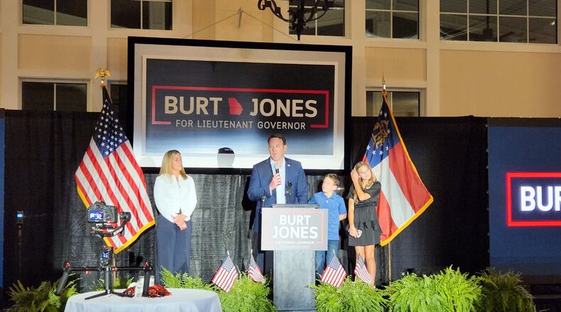Republican state Sen. Burt Jones addresses supporters at an election night watch party in Flovilla. Maya T. Prabhu/maya.prabhu@ajc.com