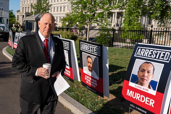 White House border czar Tom Homan walks to do a television interview at the White House, Monday, April 28, 2025, in Washington. (AP Photo/Alex Brandon)
