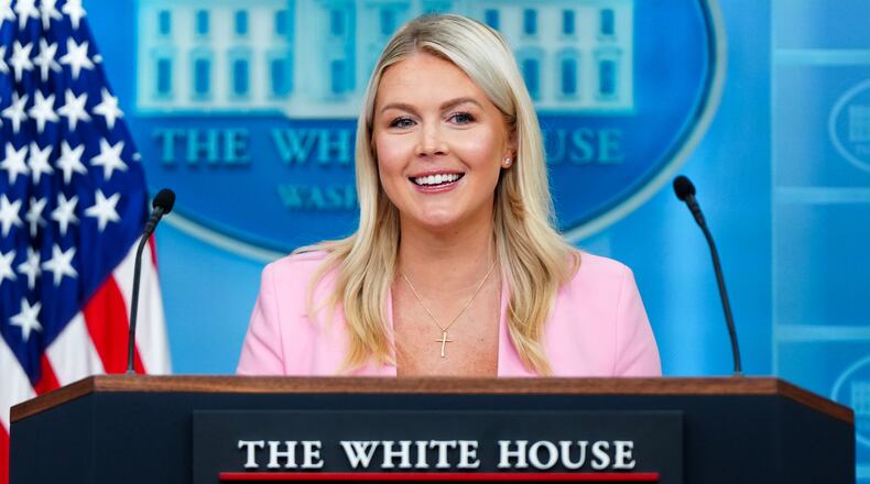 FILE - White House press secretary Karoline Leavitt speaks with reporters in the James Brady Press Briefing Room at the White House, July 16, 2026, in Washington. (AP Photo/Julia Demaree Nikhinson, File)
