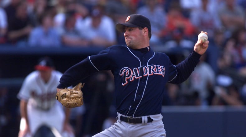 Game 6, 1998; Padres pitcher Sterling Hitchcock fires home in the second inning.