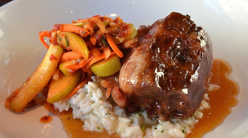 Bourbon glazed pork shoulder with coconut rice and apple kimchi from The Shed at Glenwood. (Chris Hunt/Special)