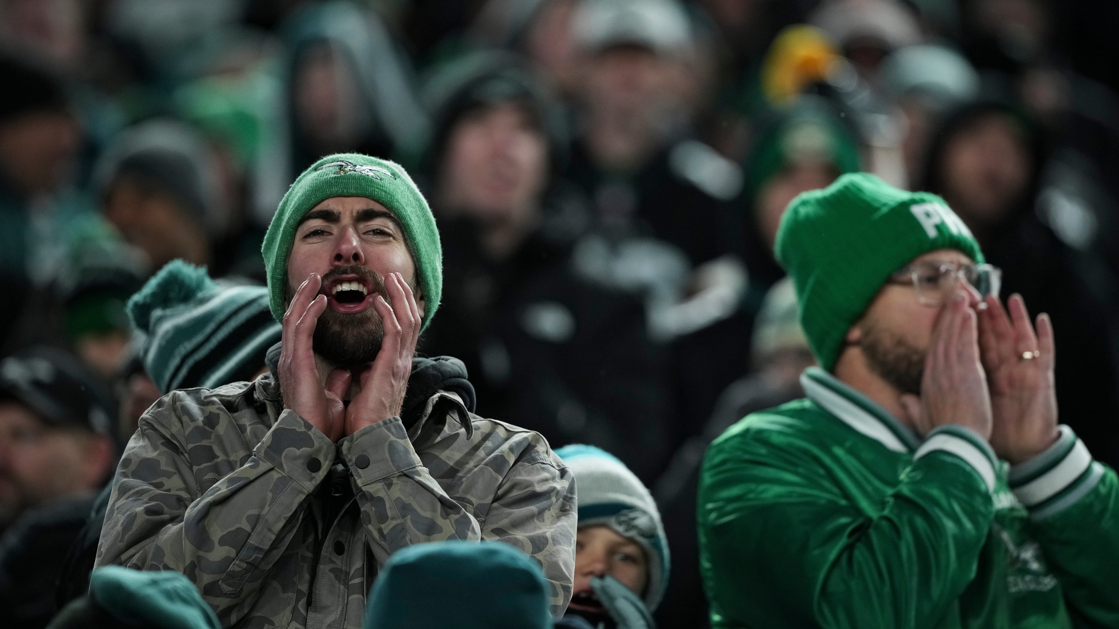 Philadelphia Eagles fans react negatively during the second half of an NFL football game against the Chicago Bears, Friday, Nov. 28, 2025, in Philadelphia. (AP Photo/Matt Slocum)