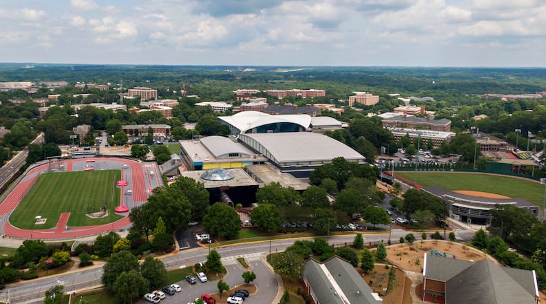 Aerial view of University of Georgia's sports facilities including new indoor Athletic Facility and new $80 million football operations building (center) on Friday, June 11, 2021. The UGA's athletic department simply is committed to too many other facility projects that have precedence at the moment. Most notable is the $80 million football operations building that has been added to the Butts-Mehre complex. (Hyosub Shin / Hyosub.Shin@ajc.com)