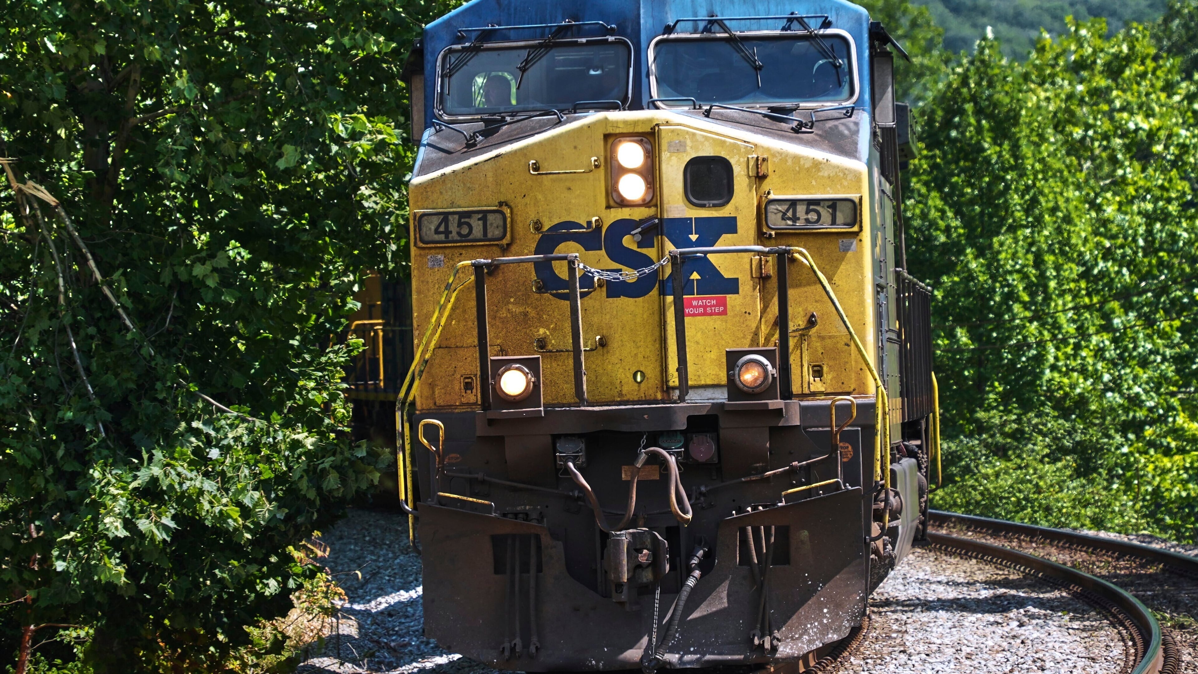 FILE - A CSX freight pulls through Ohiopyle, Pa., on Tuesday, Aug. 19, 2025. (AP Photo/Gene J. Puskar, File)