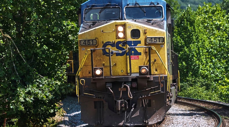 FILE - A CSX freight pulls through Ohiopyle, Pa., on Tuesday, Aug. 19, 2025. (AP Photo/Gene J. Puskar, File)