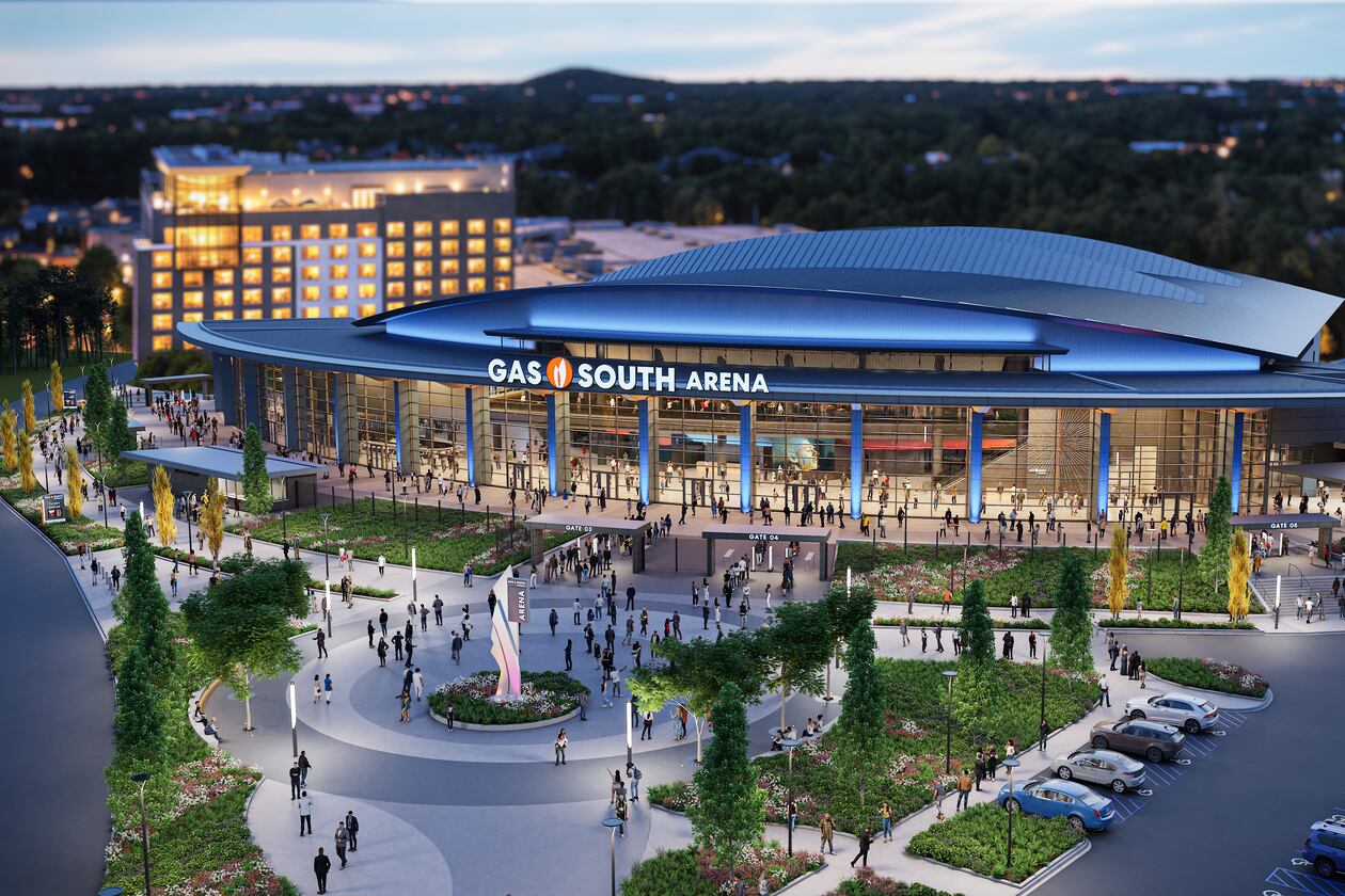 This is a rendering of a planned $175 million renovation to Gas South Arena in Duluth, which held a groundbreaking in September 2026. The full slate of renovations is expected to be complete in 2028. (Courtesy of Gas South District)