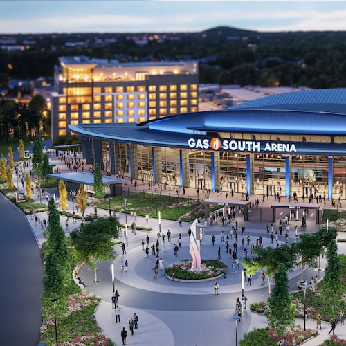 This is a rendering of a planned $175 million renovation to Gas South Arena in Duluth, which held a groundbreaking in September 2026. The full slate of renovations is expected to be complete in 2028. (Courtesy of Gas South District)