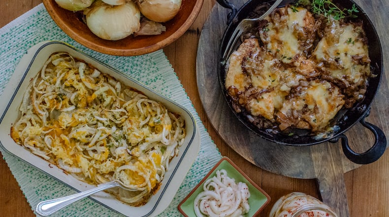 Lighter Tennessee Onions casserole (clockwise from lower left), Speedy French Onion Chicken and Refrigerator Pickle Vidalia Onions are three simple recipes that celebrate Georgia-grown Vidalia onions. (Virginia Willis for the AJC)