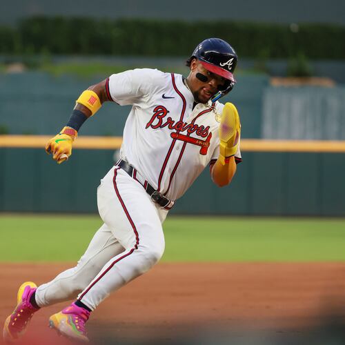 National League baserunner Ronald Acuña Jr., of the Atlanta Braves rounds third base to score against the American League during the first inning of the MLB All-Star Game at Truist Park in Atlanta on Tuesday, July 15, 2025. Jason Getz / AJC