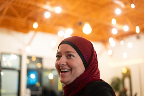 State Rep. Ruwa Romman, D-Duluth, meets with journalists at Shibam Coffee in Alpharetta on Sunday, Oct. 26, 2025. (Ben Gray for the AJC)