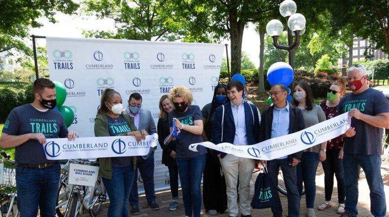 Cumberland community improvement development held a May 11 ribbon cutting for a new bike sharing station at the Galleria Office Park Complex. (Image courtesy of Cumberland CID)