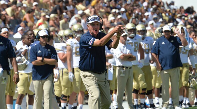 Georgia Tech head coach Paul Johnson shouts instructions in the second half of the Georgia Tech home opener at Bobby Dodd Stadium on Saturday, September 1, 2018. Georgia Tech won 41-0 over the Alcorn State. HYOSUB SHIN / HSHIN@AJC.COM