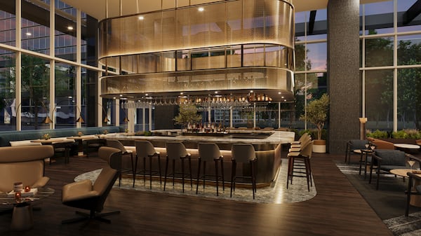 A rendering of a hotel bar with tall windowns and lots of wood.