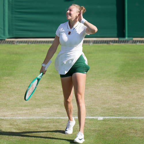 Amanda Anisimova of the United States celebrates her victory against Sofia Kenin of the United States in their second round women's singles match at the Wimbledon Tennis Championships in London, Thursday, July 2, 2026. (AP Photo/Brian Inganga)