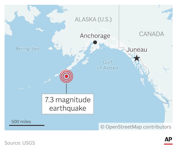 A strong earthquake Wednesday off the Alaska coast triggered a tsunami warning. (AP Graphic)
