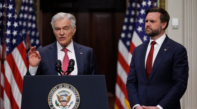 FILE - Administrator for the Centers for Medicare & Medicaid Services Dr. Mehmet Oz speaks beside Vice President JD Vance during a news conference on the White House campus Wednesday, Feb. 25, 2026, in Washington. (AP Photo/Tom Brenner, File)