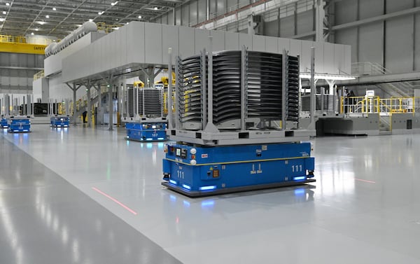 Autonomous mobile robot transport parts along the stamping and welding line at Hyundai Motor Group Metaplant America (HMGMA) on Wednesday, May 6, 2026, in Ellabell, Georgia. Hyundai Metaplant behind-scenes-tour as the plant prepares to start a second shift and a second production line. Plant tour and interview with top plant officials. (Hyosub Shin/AJC)