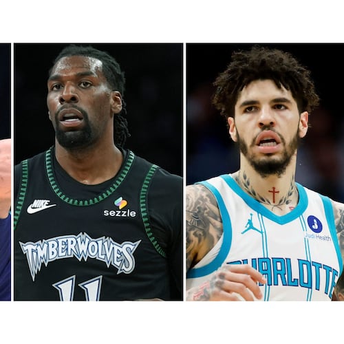 FILE - This photo combination shows, from left, Charlotte Hornets guard Josh Green (10), Feb. 22, 2026, in Washington, Minnesota Timberwolves center Naz Reid, May 8, 2026, in Minneapolis and Charlotte Hornets guard LaMelo Ball in Charlotte, N.C., April 14, 2026 (AP Photo/Nick Wass, Abbie Parr, Nell Redmond, file)
