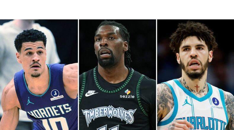 FILE - This photo combination shows, from left, Charlotte Hornets guard Josh Green (10), Feb. 22, 2026, in Washington, Minnesota Timberwolves center Naz Reid, May 8, 2026, in Minneapolis and Charlotte Hornets guard LaMelo Ball in Charlotte, N.C., April 14, 2026 (AP Photo/Nick Wass, Abbie Parr, Nell Redmond, file)