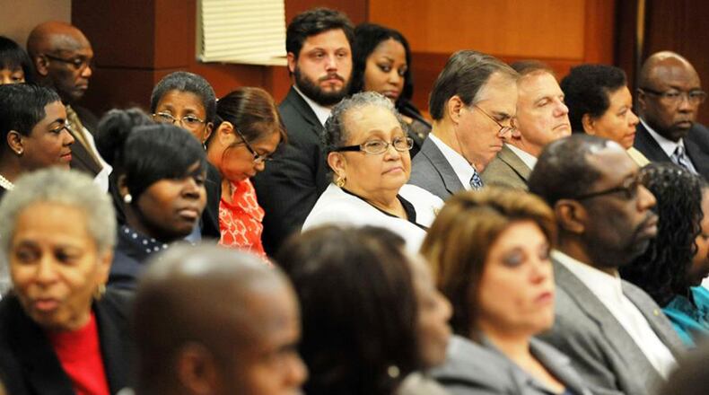 Former Atlanta schools Superintendent Beverly Hall, center, attends a recent court hearing related to the test cheating case.