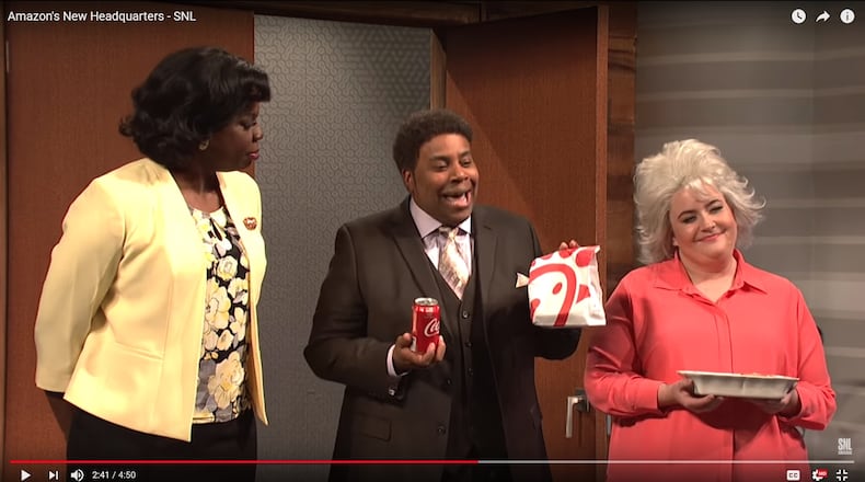 A “Saturday Night Live” skit parodies the bids of Atlanta and other cities for Amazon’s second headquarters. Credit: YouTube