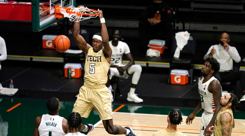 Georgia Tech forward Moses Wright dunks during the first half of the Jackets' February game against Miami in Coral Gables, Fla.