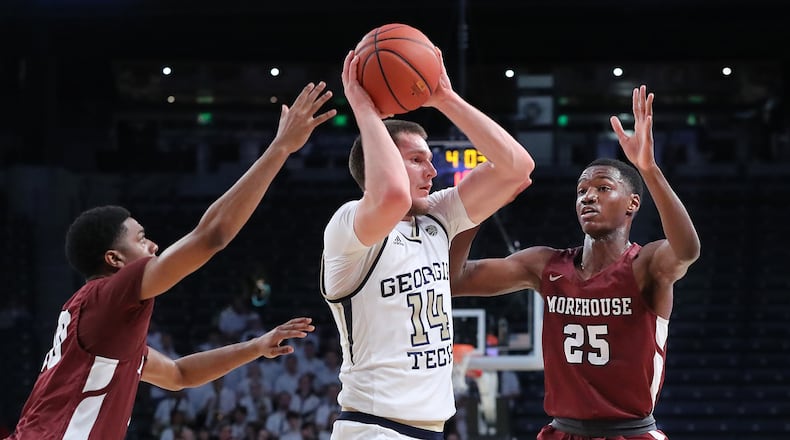 Georgia Tech forward David Didenko is double teamed by Morehouse defenders Jordan Sterling (left) and Xavier Brewer during a 82-54 victory in a NCAA college basketball game on Tuesday, January 28, 2020, in Atlanta. Curtis Compton ccompton@ajc.com